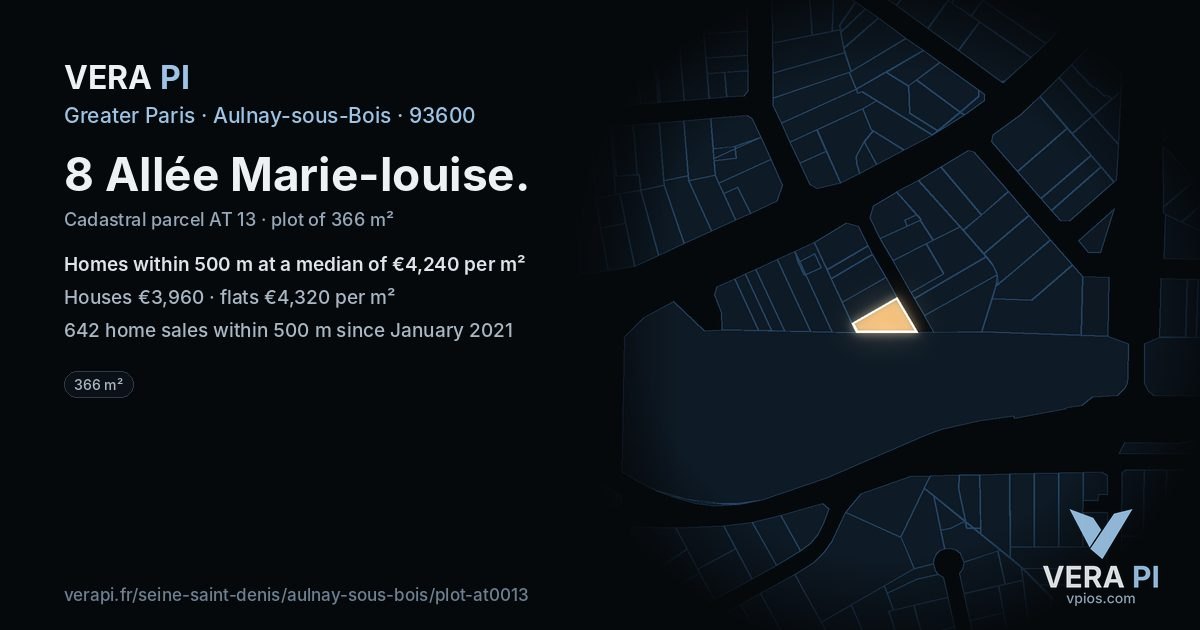 8 Allée Marie-louise, Aulnay-sous-Bois at night – the plot lit, the parcels around coloured by the prices near them