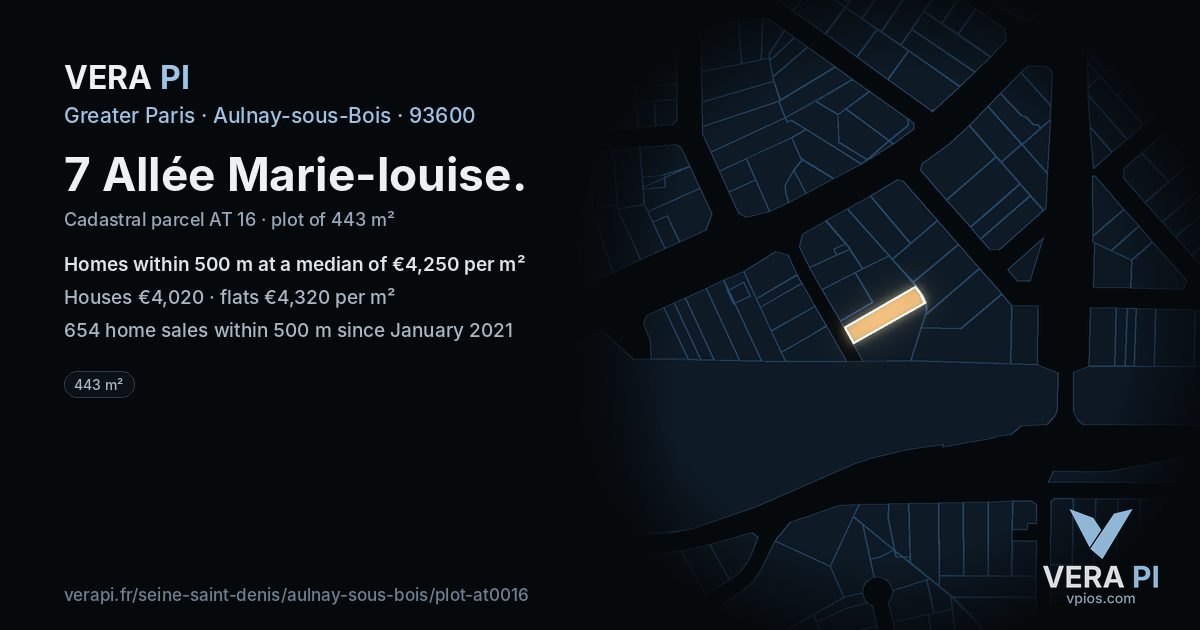 7 Allée Marie-louise, Aulnay-sous-Bois at night – the plot lit, the parcels around coloured by the prices near them