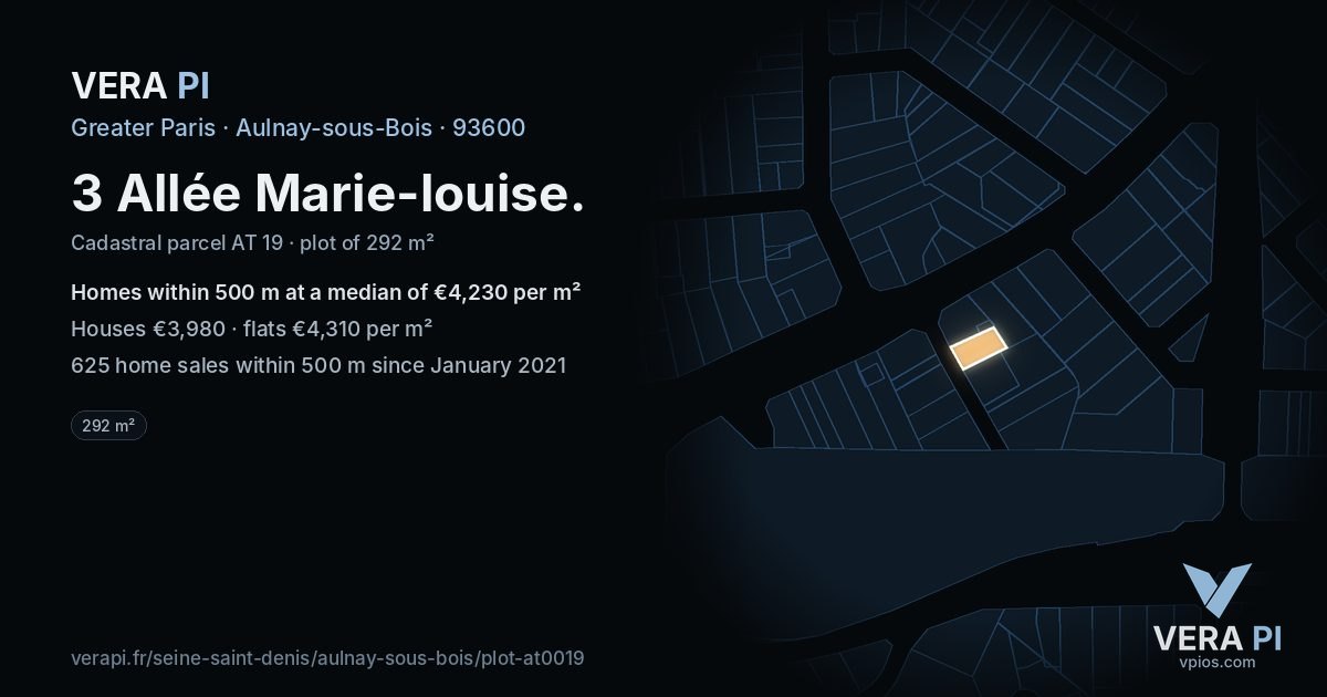 3 Allée Marie-louise, Aulnay-sous-Bois at night – the plot lit, the parcels around coloured by the prices near them