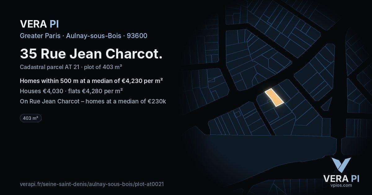 35 Rue Jean Charcot, Aulnay-sous-Bois at night – the plot lit, the parcels around coloured by the prices near them