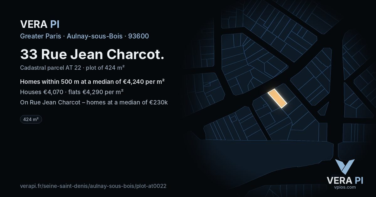 33 Rue Jean Charcot, Aulnay-sous-Bois at night – the plot lit, the parcels around coloured by the prices near them