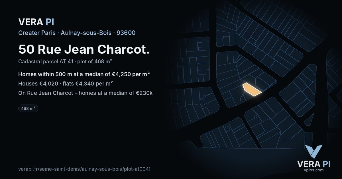 50 Rue Jean Charcot, Aulnay-sous-Bois at night – the plot lit, the parcels around coloured by the prices near them