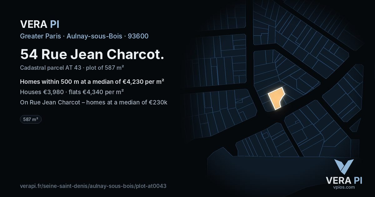 54 Rue Jean Charcot, Aulnay-sous-Bois at night – the plot lit, the parcels around coloured by the prices near them