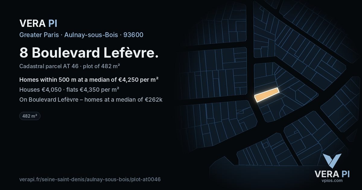 8 Boulevard Lefèvre, Aulnay-sous-Bois at night – the plot lit, the parcels around coloured by the prices near them