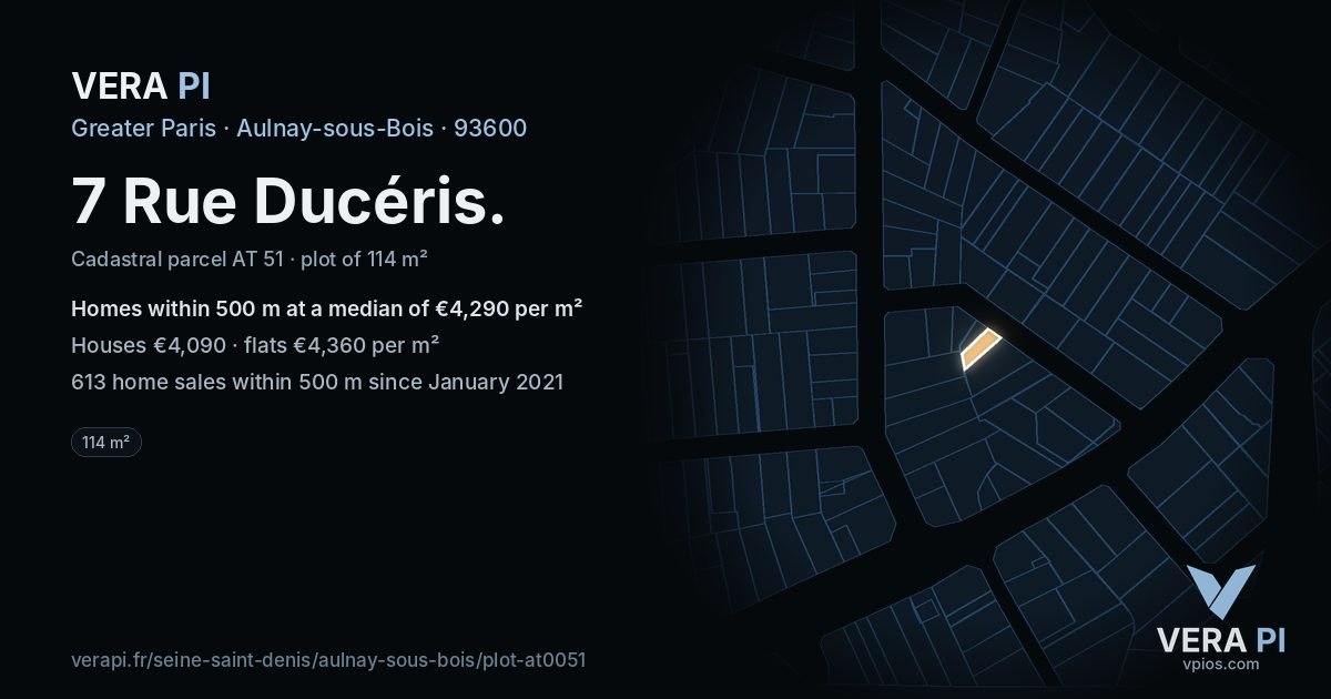 7 Rue Ducéris, Aulnay-sous-Bois at night – the plot lit, the parcels around coloured by the prices near them