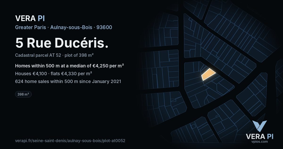5 Rue Ducéris, Aulnay-sous-Bois at night – the plot lit, the parcels around coloured by the prices near them