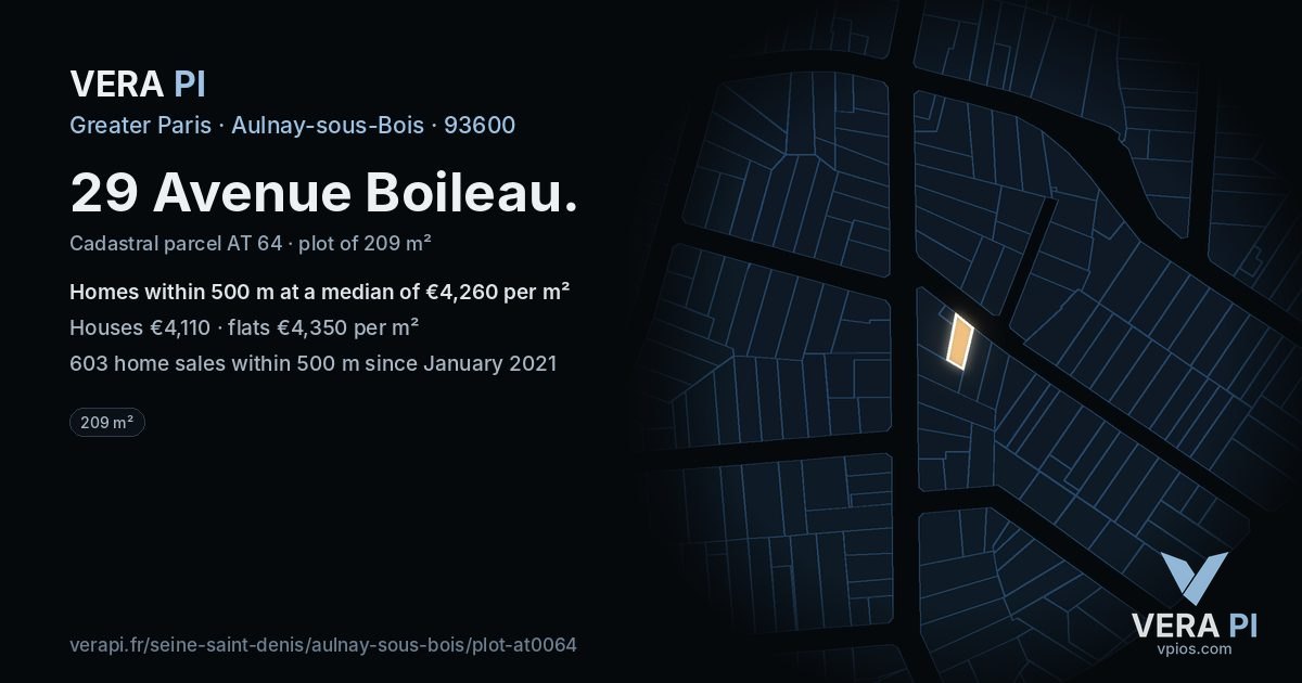 29 Avenue Boileau, Aulnay-sous-Bois at night – the plot lit, the parcels around coloured by the prices near them