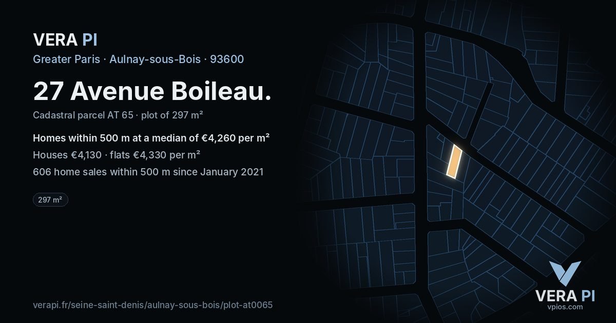 27 Avenue Boileau, Aulnay-sous-Bois at night – the plot lit, the parcels around coloured by the prices near them