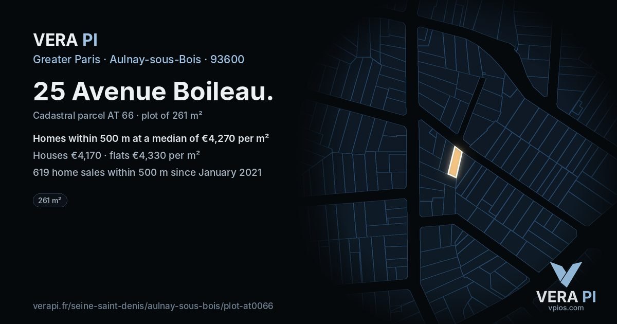 25 Avenue Boileau, Aulnay-sous-Bois at night – the plot lit, the parcels around coloured by the prices near them