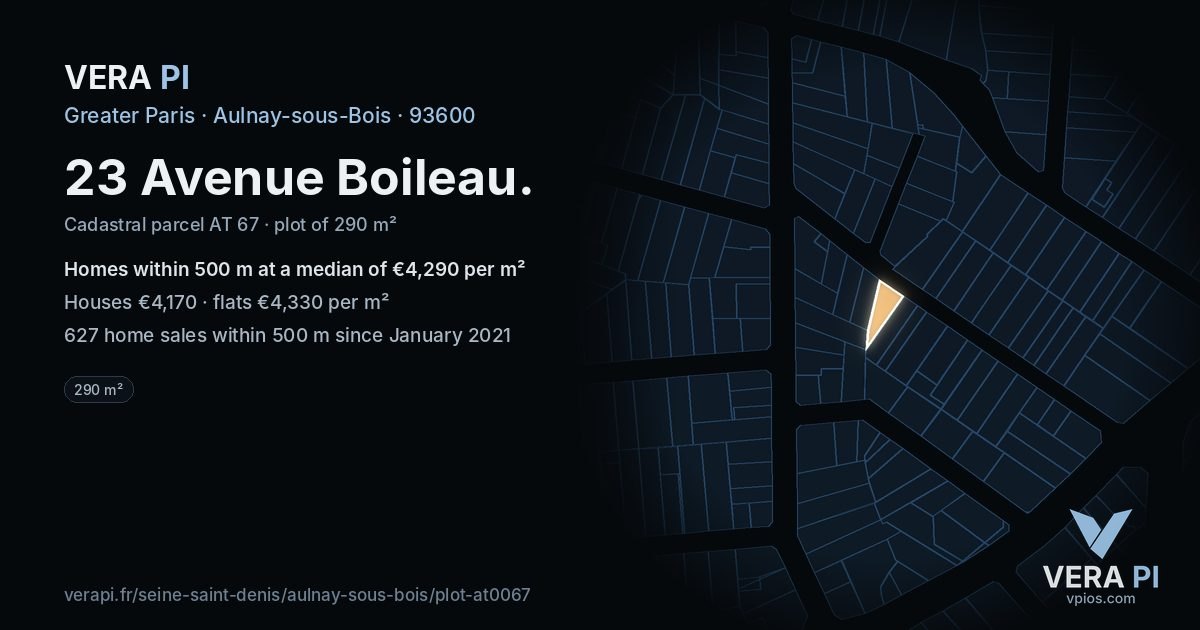 23 Avenue Boileau, Aulnay-sous-Bois at night – the plot lit, the parcels around coloured by the prices near them