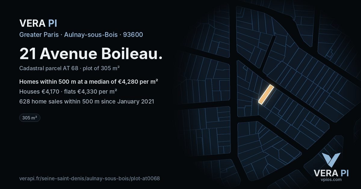 21 Avenue Boileau, Aulnay-sous-Bois at night – the plot lit, the parcels around coloured by the prices near them