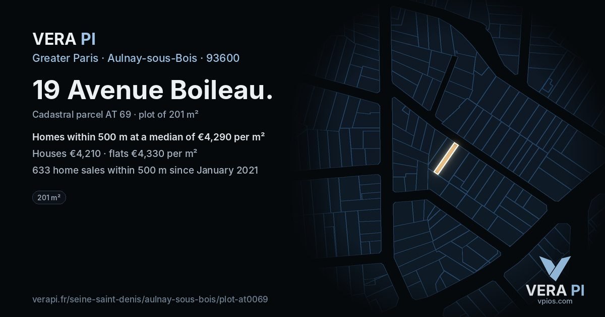 19 Avenue Boileau, Aulnay-sous-Bois at night – the plot lit, the parcels around coloured by the prices near them