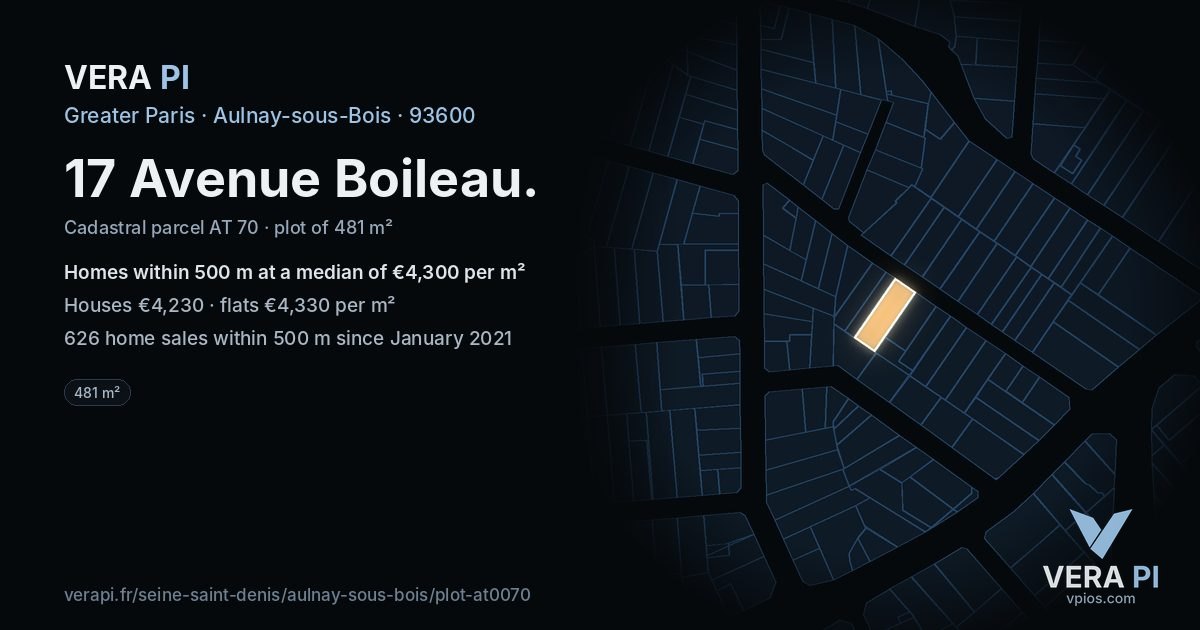 17 Avenue Boileau, Aulnay-sous-Bois at night – the plot lit, the parcels around coloured by the prices near them