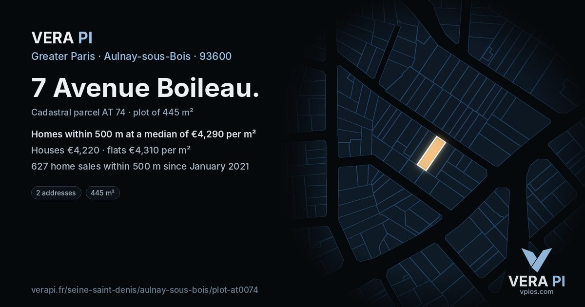 7 Avenue Boileau, Aulnay-sous-Bois at night – the plot lit, the parcels around coloured by the prices near them