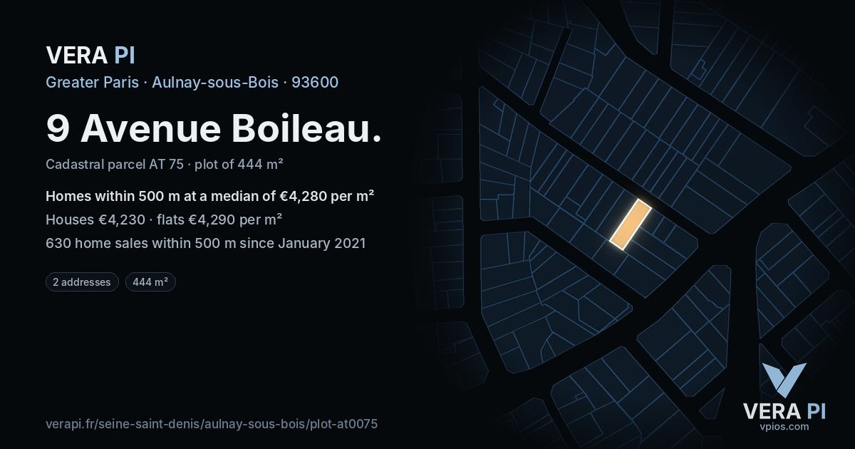 9 Avenue Boileau, Aulnay-sous-Bois at night – the plot lit, the parcels around coloured by the prices near them