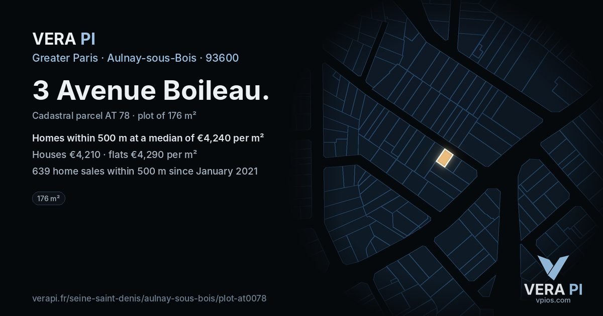 3 Avenue Boileau, Aulnay-sous-Bois at night – the plot lit, the parcels around coloured by the prices near them