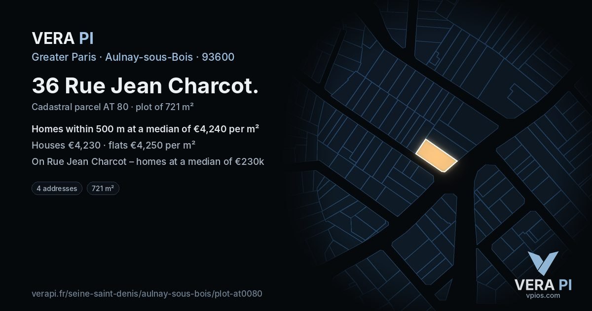36 Rue Jean Charcot, Aulnay-sous-Bois at night – the plot lit, the parcels around coloured by the prices near them