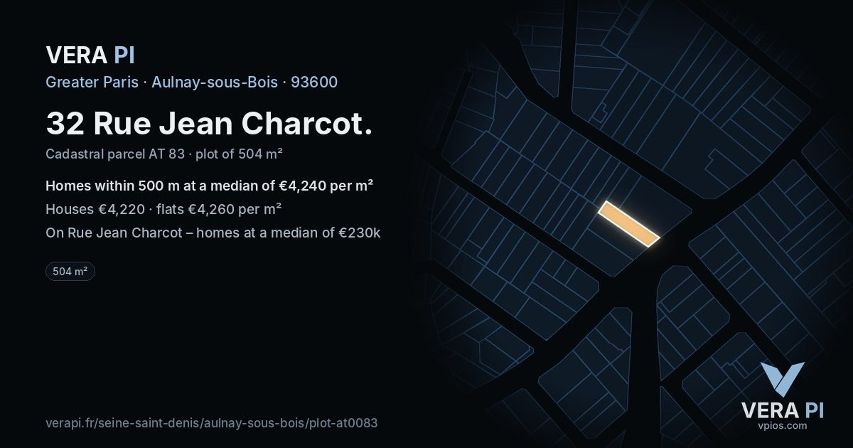 32 Rue Jean Charcot, Aulnay-sous-Bois at night – the plot lit, the parcels around coloured by the prices near them