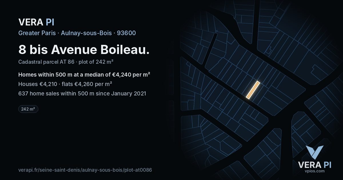 8 bis Avenue Boileau, Aulnay-sous-Bois at night – the plot lit, the parcels around coloured by the prices near them