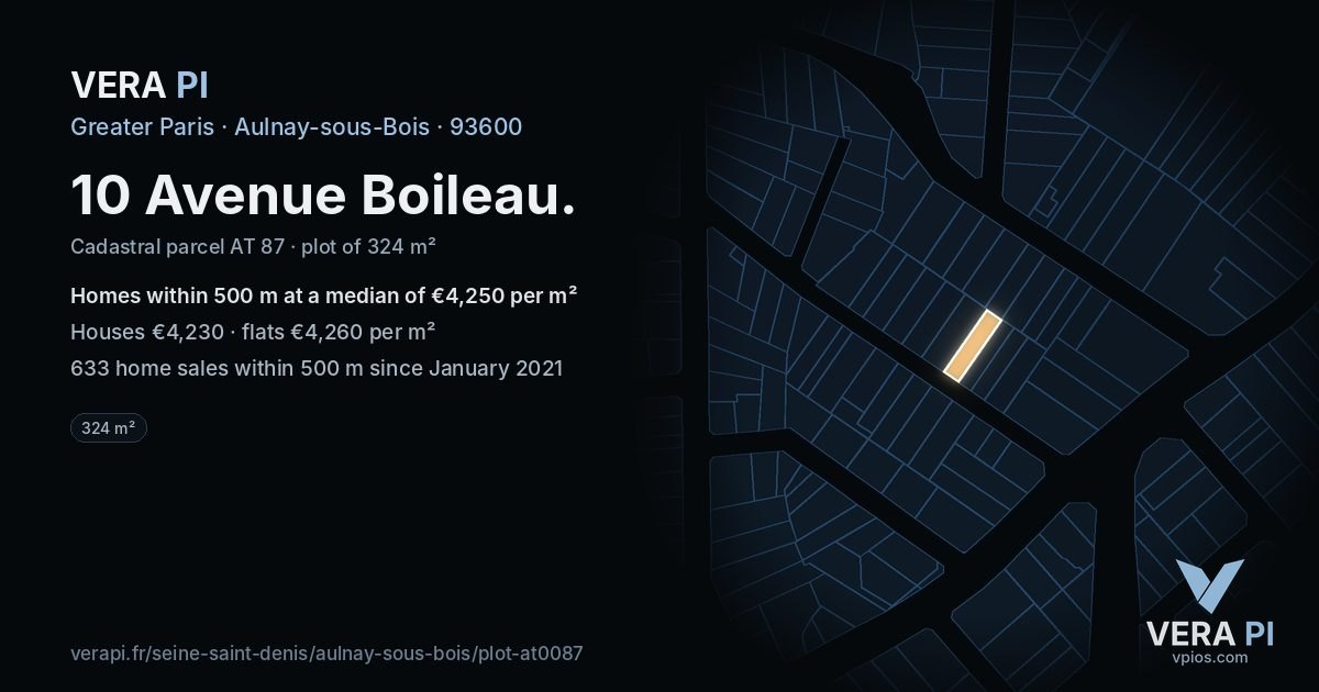 10 Avenue Boileau, Aulnay-sous-Bois at night – the plot lit, the parcels around coloured by the prices near them