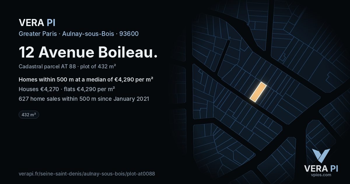 12 Avenue Boileau, Aulnay-sous-Bois at night – the plot lit, the parcels around coloured by the prices near them
