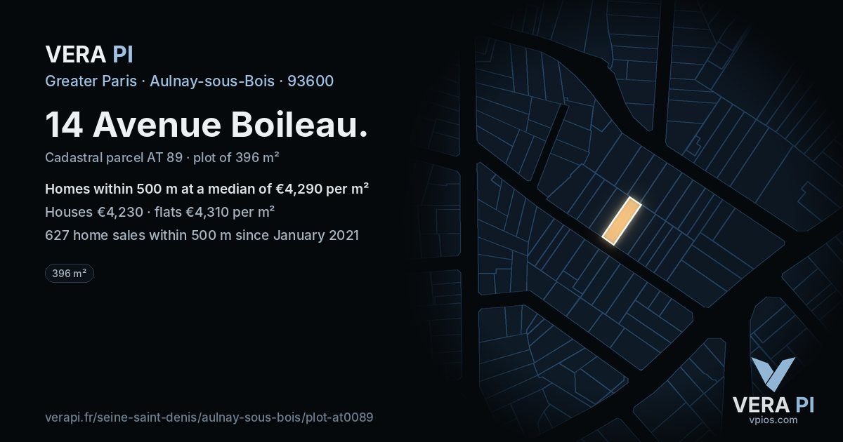 14 Avenue Boileau, Aulnay-sous-Bois at night – the plot lit, the parcels around coloured by the prices near them