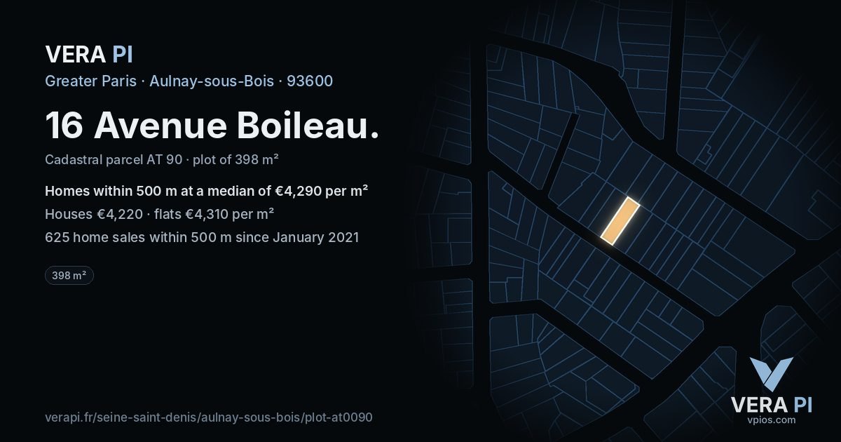16 Avenue Boileau, Aulnay-sous-Bois at night – the plot lit, the parcels around coloured by the prices near them