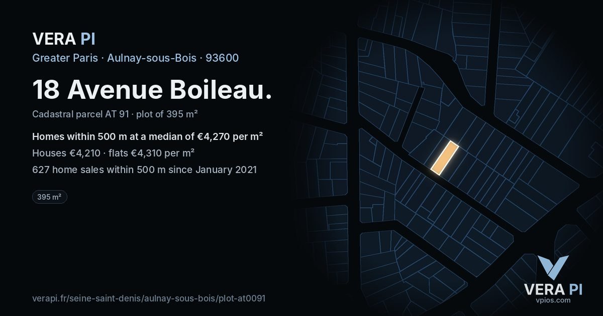 18 Avenue Boileau, Aulnay-sous-Bois at night – the plot lit, the parcels around coloured by the prices near them
