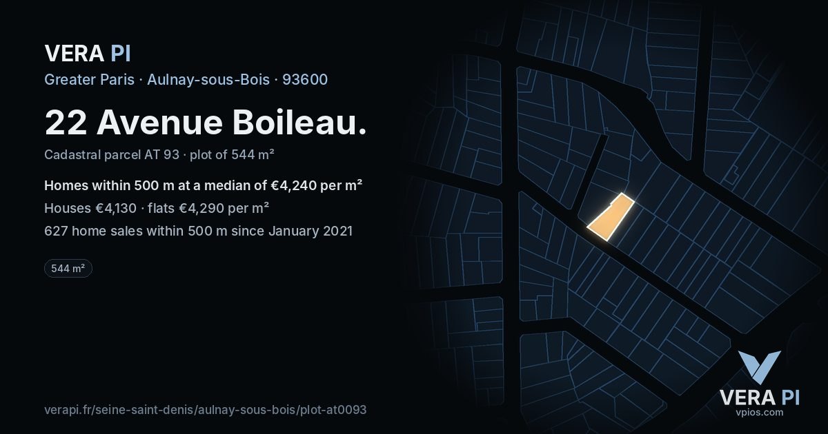 22 Avenue Boileau, Aulnay-sous-Bois at night – the plot lit, the parcels around coloured by the prices near them