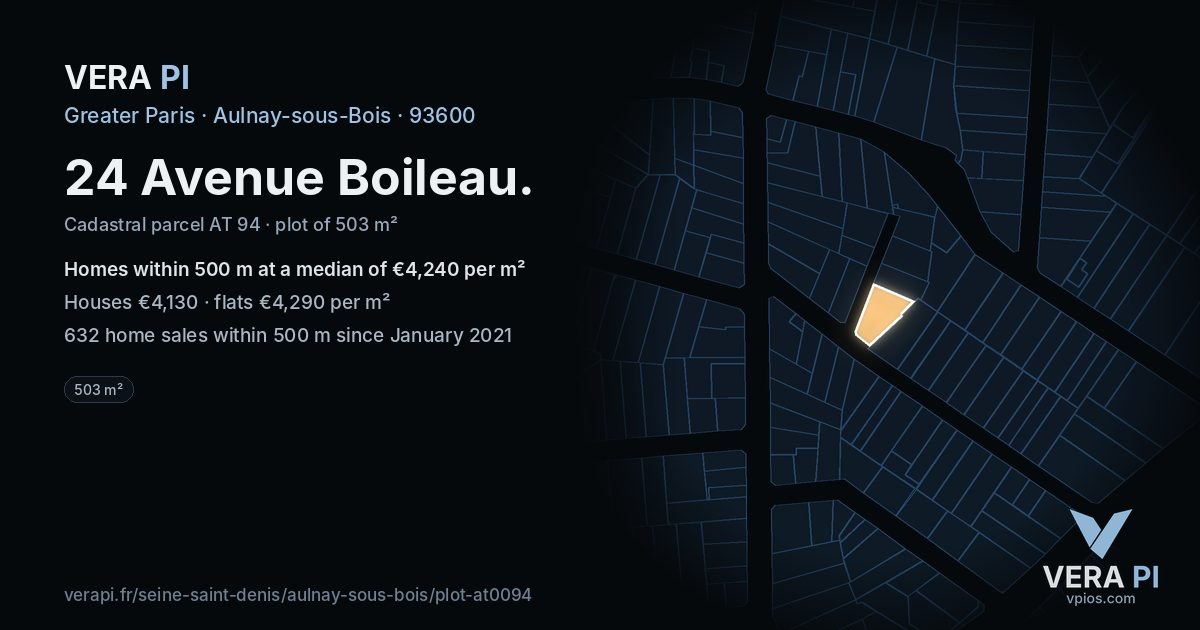 24 Avenue Boileau, Aulnay-sous-Bois at night – the plot lit, the parcels around coloured by the prices near them