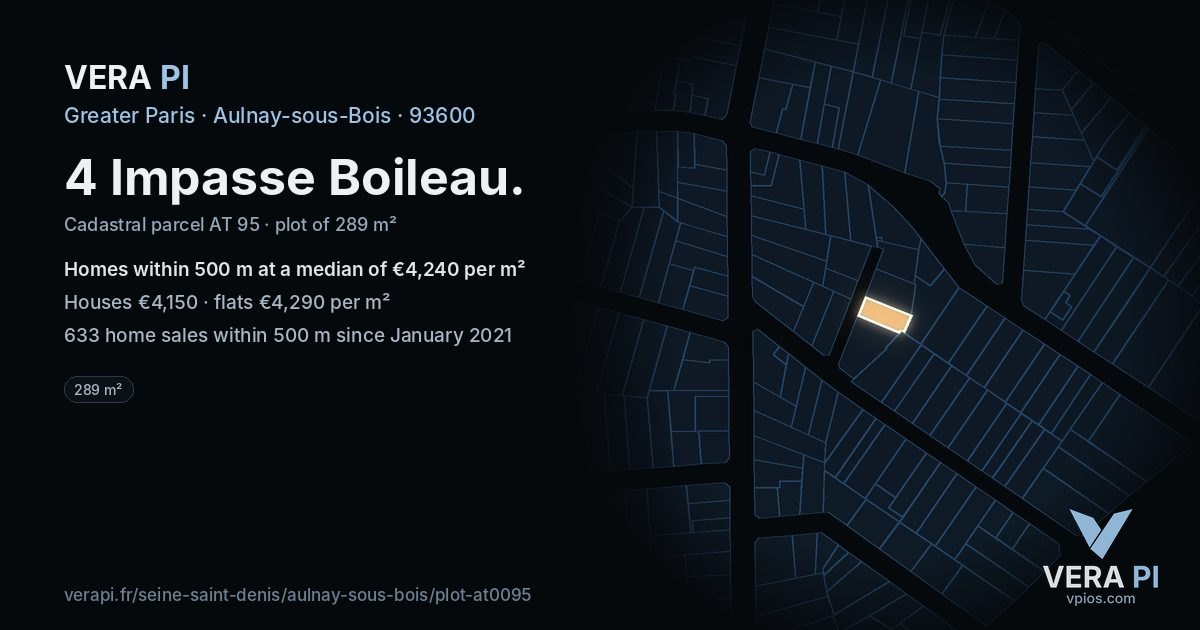 4 Impasse Boileau, Aulnay-sous-Bois at night – the plot lit, the parcels around coloured by the prices near them