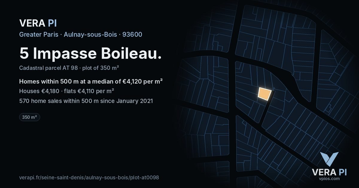 5 Impasse Boileau, Aulnay-sous-Bois at night – the plot lit, the parcels around coloured by the prices near them