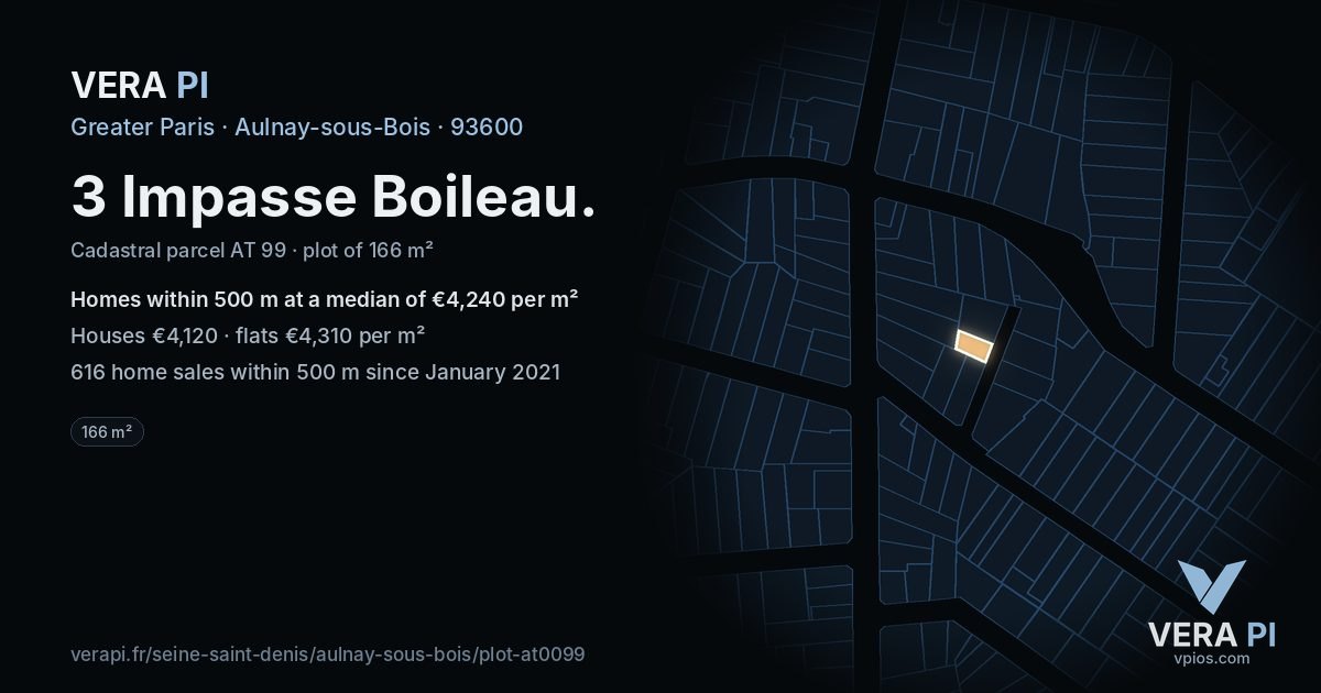 3 Impasse Boileau, Aulnay-sous-Bois at night – the plot lit, the parcels around coloured by the prices near them