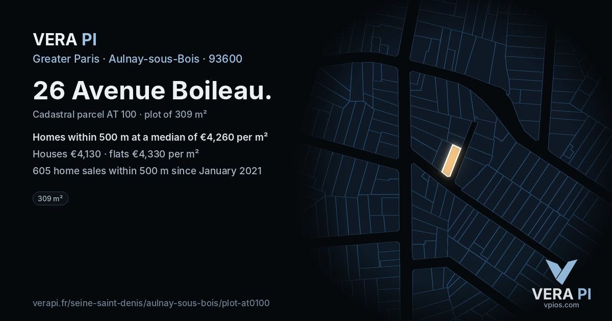 26 Avenue Boileau, Aulnay-sous-Bois at night – the plot lit, the parcels around coloured by the prices near them