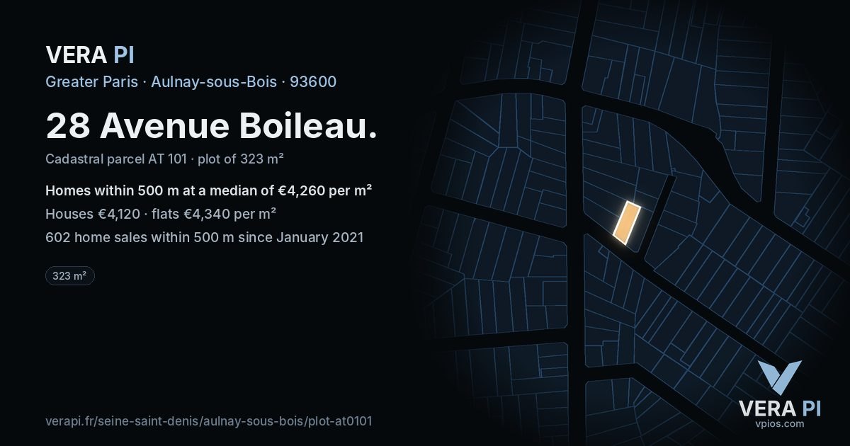 28 Avenue Boileau, Aulnay-sous-Bois at night – the plot lit, the parcels around coloured by the prices near them