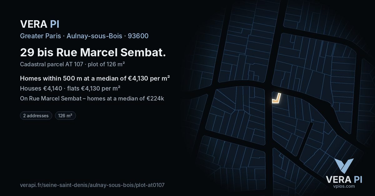 29 bis Rue Marcel Sembat, Aulnay-sous-Bois at night – the plot lit, the parcels around coloured by the prices near them