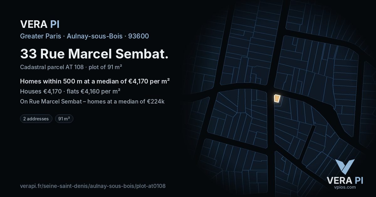 33 Rue Marcel Sembat, Aulnay-sous-Bois at night – the plot lit, the parcels around coloured by the prices near them