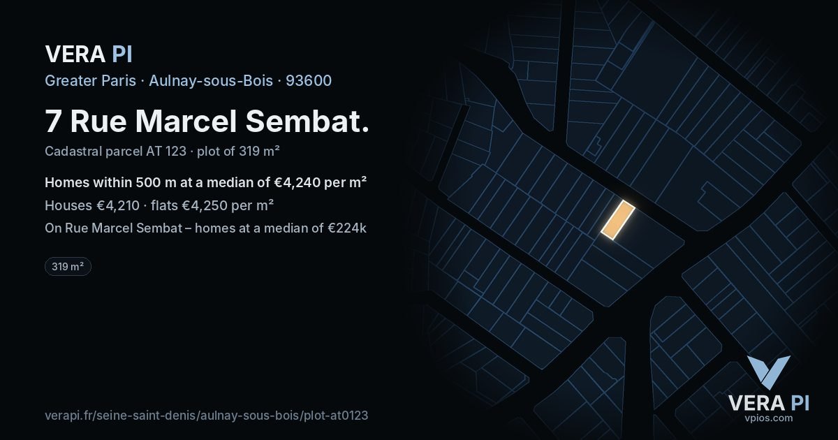 7 Rue Marcel Sembat, Aulnay-sous-Bois at night – the plot lit, the parcels around coloured by the prices near them