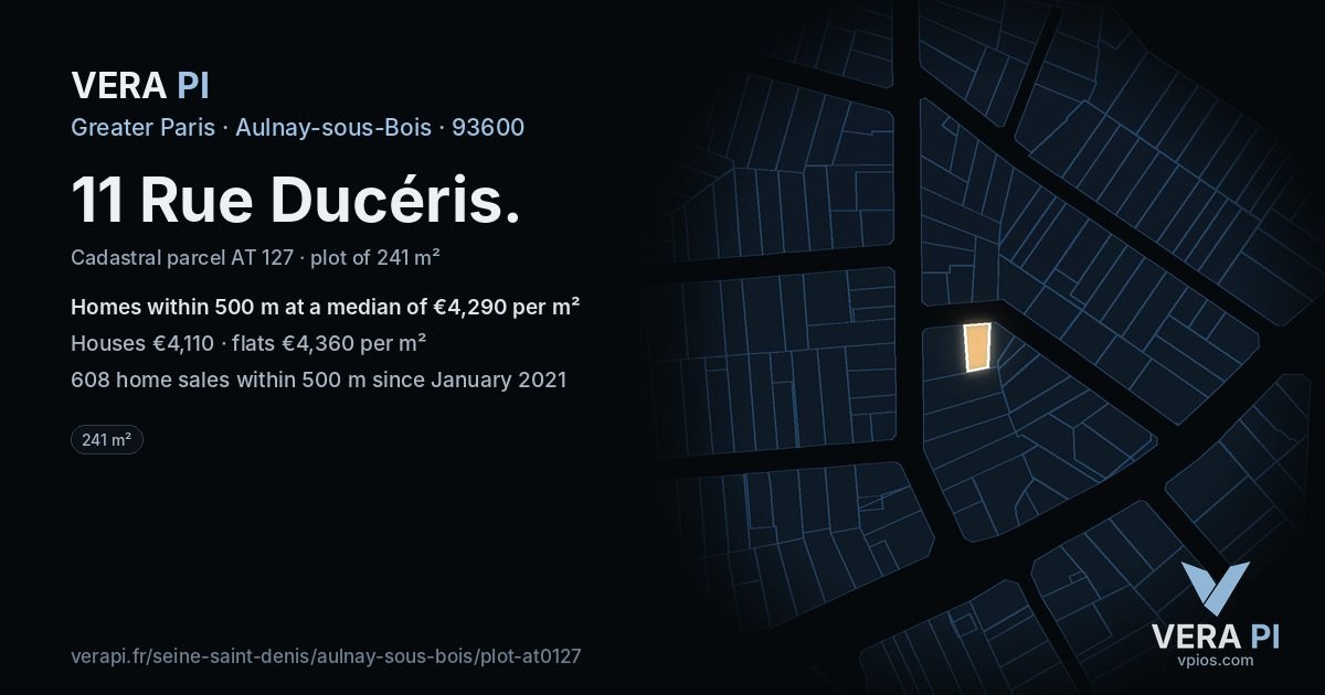 11 Rue Ducéris, Aulnay-sous-Bois at night – the plot lit, the parcels around coloured by the prices near them