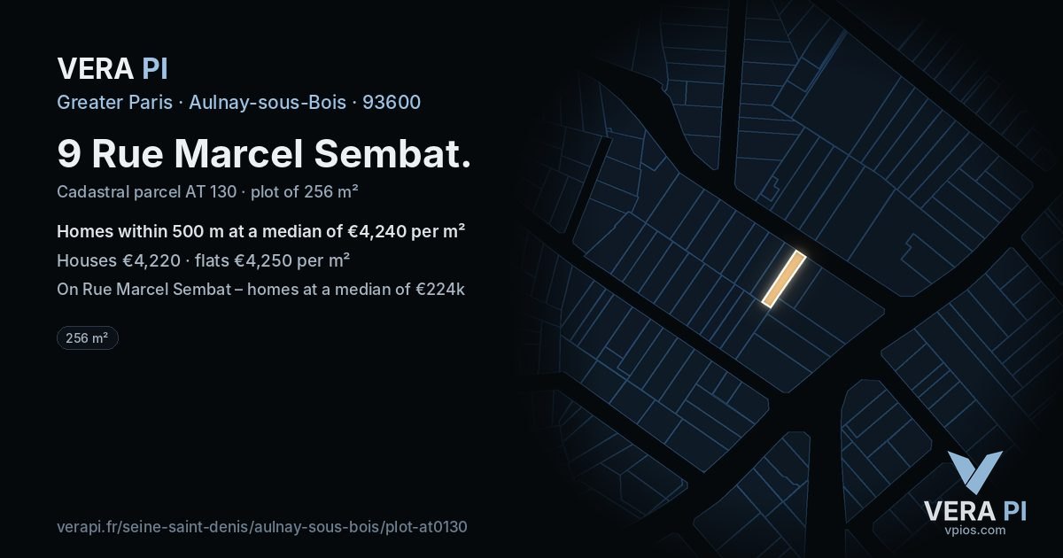 9 Rue Marcel Sembat, Aulnay-sous-Bois at night – the plot lit, the parcels around coloured by the prices near them