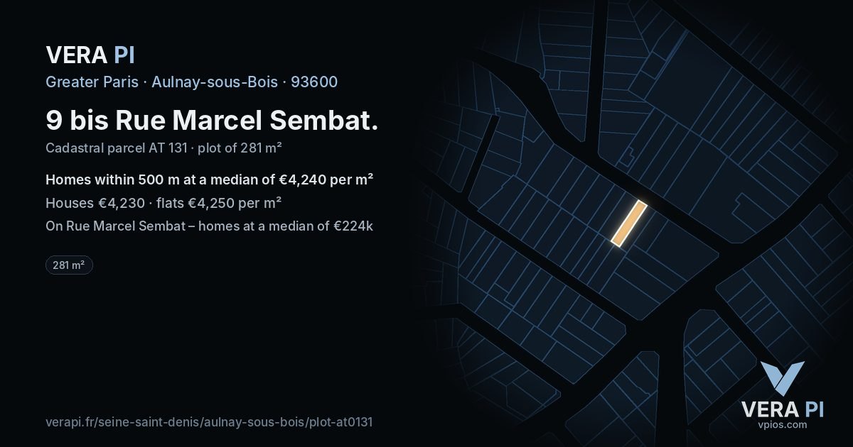 9 bis Rue Marcel Sembat, Aulnay-sous-Bois at night – the plot lit, the parcels around coloured by the prices near them