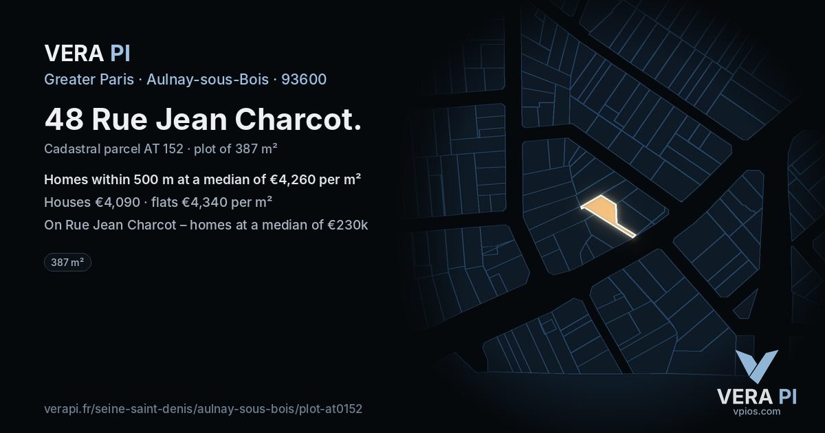 48 Rue Jean Charcot, Aulnay-sous-Bois at night – the plot lit, the parcels around coloured by the prices near them
