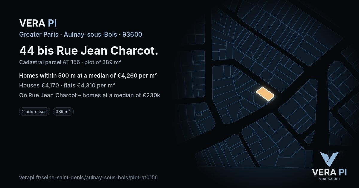 44 bis Rue Jean Charcot, Aulnay-sous-Bois at night – the plot lit, the parcels around coloured by the prices near them