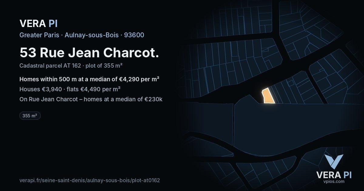 53 Rue Jean Charcot, Aulnay-sous-Bois at night – the plot lit, the parcels around coloured by the prices near them