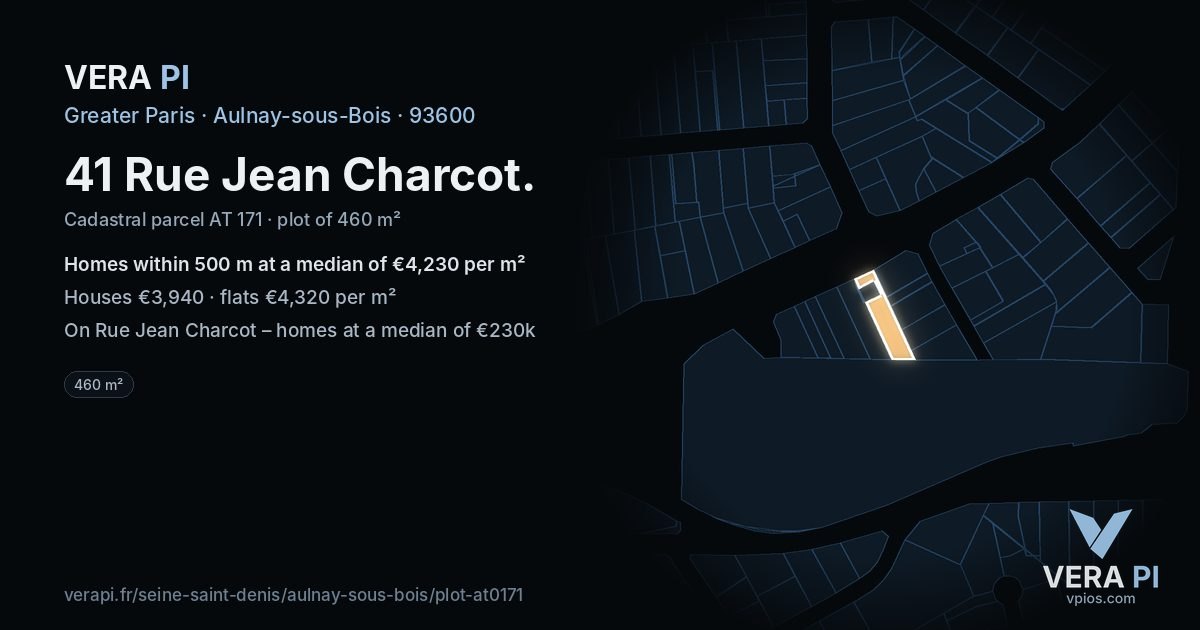 41 Rue Jean Charcot, Aulnay-sous-Bois at night – the plot lit, the parcels around coloured by the prices near them