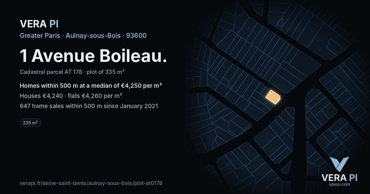 1 Avenue Boileau, Aulnay-sous-Bois at night – the plot lit, the parcels around coloured by the prices near them