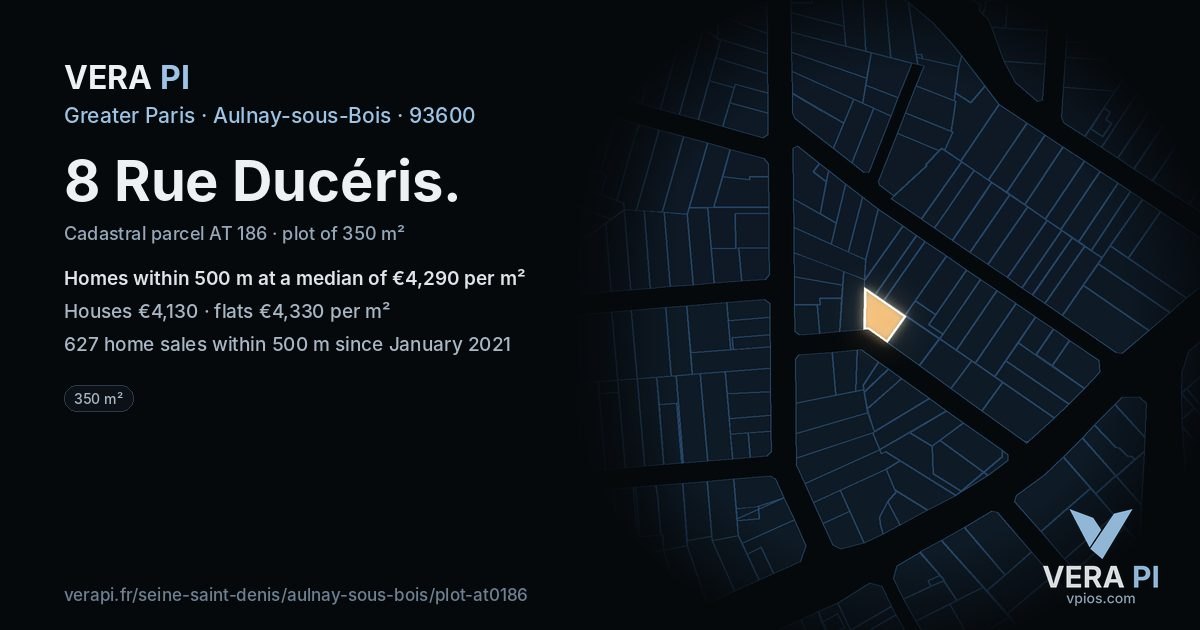 8 Rue Ducéris, Aulnay-sous-Bois at night – the plot lit, the parcels around coloured by the prices near them