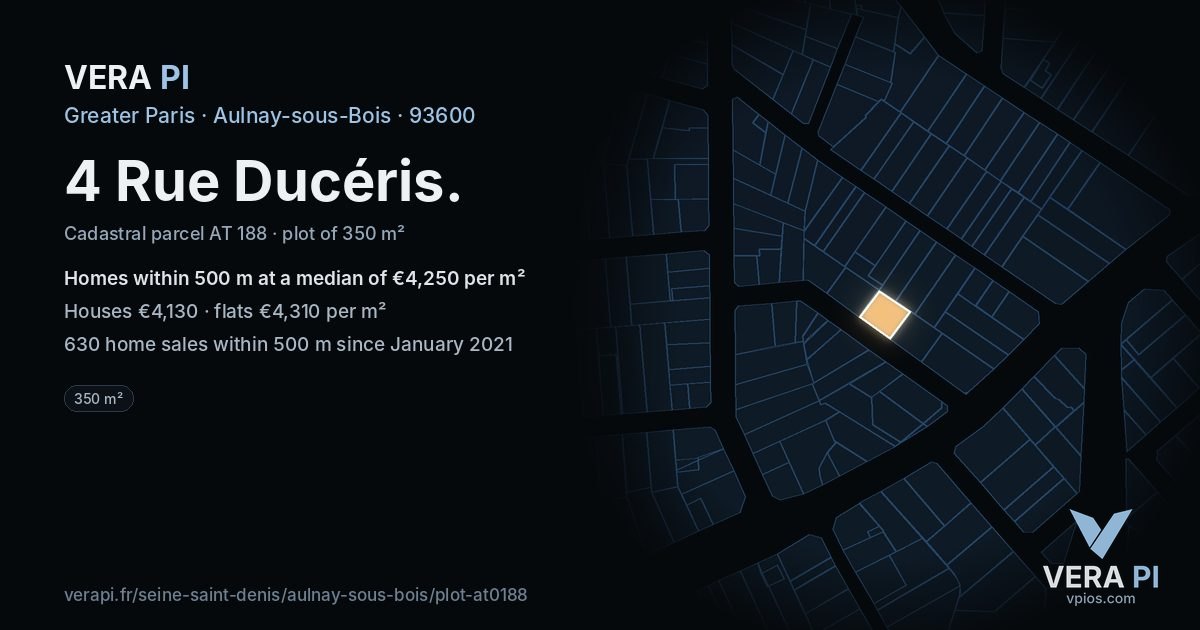 4 Rue Ducéris, Aulnay-sous-Bois at night – the plot lit, the parcels around coloured by the prices near them