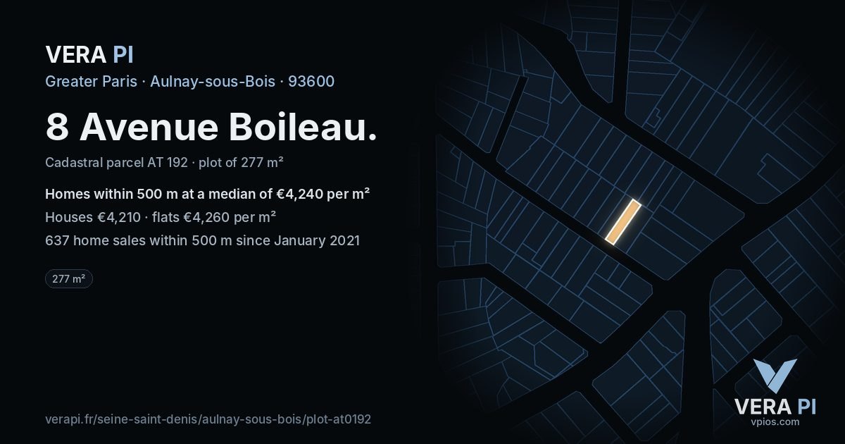 8 Avenue Boileau, Aulnay-sous-Bois at night – the plot lit, the parcels around coloured by the prices near them