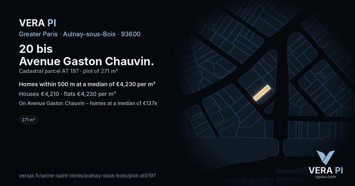 20 bis Avenue Gaston Chauvin, Aulnay-sous-Bois at night – the plot lit, the parcels around coloured by the prices near them